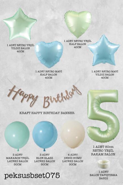 Retro Mavi Yeşil Renkler Doğum Günü Parti Seti Retro Yeşil Yaş Balonlu Kraft Banner Balon Zinciri Seti - 10