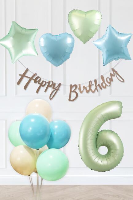 Retro Mavi Yeşil Renkler Doğum Günü Parti Seti Retro Yeşil Yaş Balonlu Kraft Banner Balon Zinciri Seti - 11