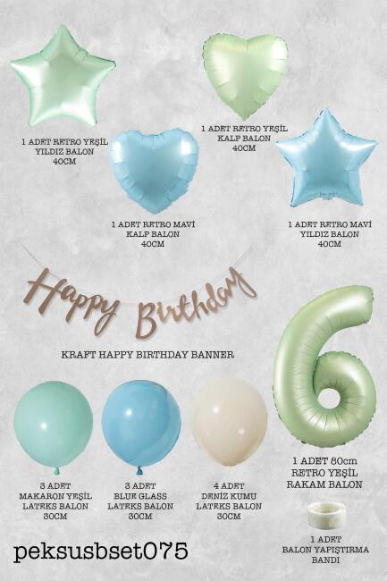 Retro Mavi Yeşil Renkler Doğum Günü Parti Seti Retro Yeşil Yaş Balonlu Kraft Banner Balon Zinciri Seti - 12