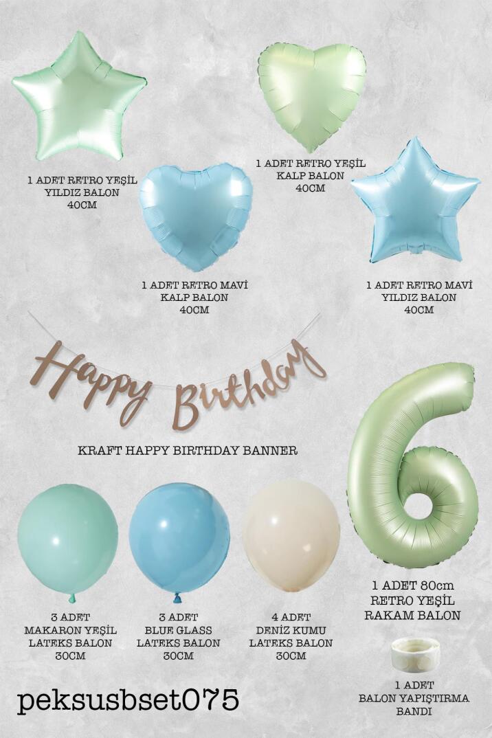 Retro Mavi Yeşil Renkler Doğum Günü Parti Seti Retro Yeşil Yaş Balonlu Kraft Banner Balon Zinciri Seti - 12