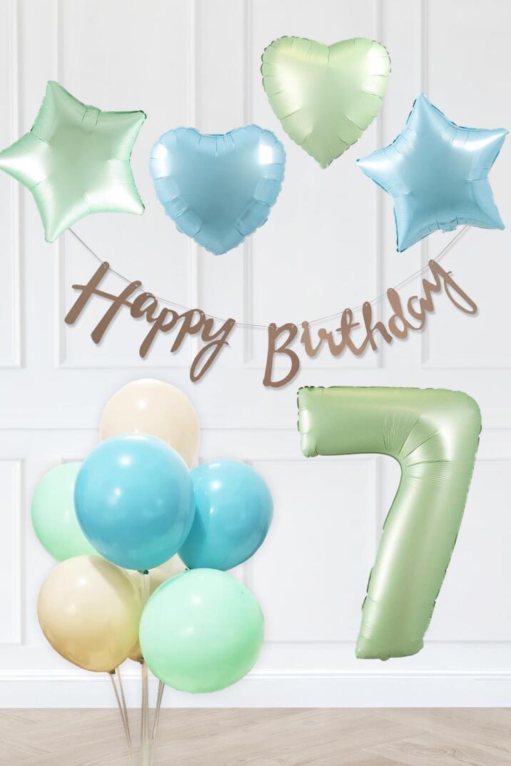 Retro Mavi Yeşil Renkler Doğum Günü Parti Seti Retro Yeşil Yaş Balonlu Kraft Banner Balon Zinciri Seti - 13