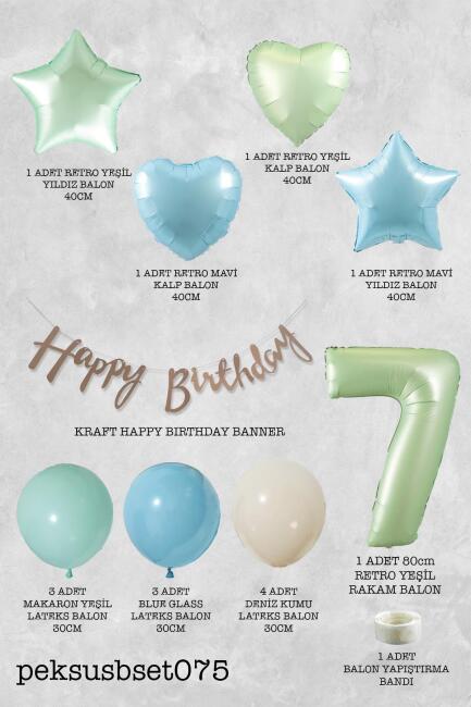 Retro Mavi Yeşil Renkler Doğum Günü Parti Seti Retro Yeşil Yaş Balonlu Kraft Banner Balon Zinciri Seti - 14