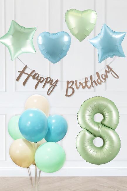 Retro Mavi Yeşil Renkler Doğum Günü Parti Seti Retro Yeşil Yaş Balonlu Kraft Banner Balon Zinciri Seti - 15