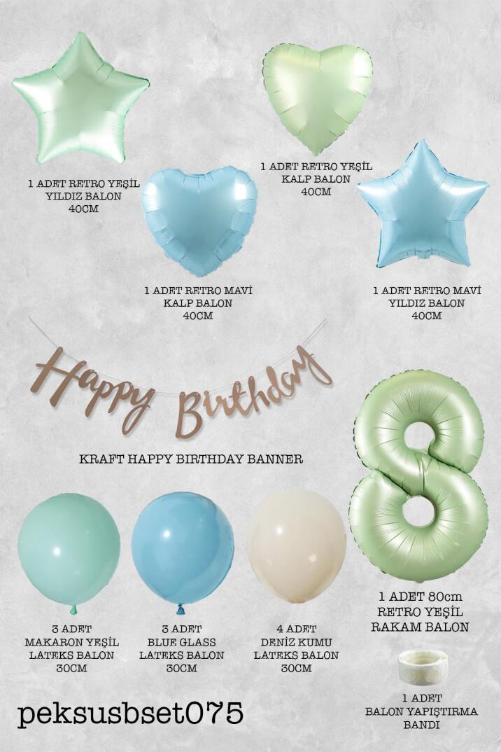 Retro Mavi Yeşil Renkler Doğum Günü Parti Seti Retro Yeşil Yaş Balonlu Kraft Banner Balon Zinciri Seti - 16