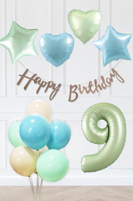 Retro Mavi Yeşil Renkler Doğum Günü Parti Seti Retro Yeşil Yaş Balonlu Kraft Banner Balon Zinciri Seti - 17