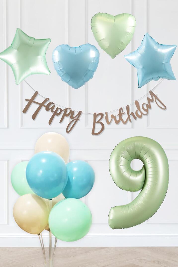 Retro Mavi Yeşil Renkler Doğum Günü Parti Seti Retro Yeşil Yaş Balonlu Kraft Banner Balon Zinciri Seti - 17