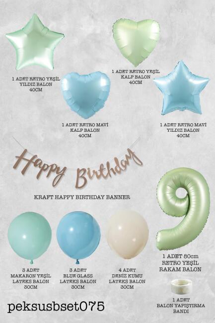 Retro Mavi Yeşil Renkler Doğum Günü Parti Seti Retro Yeşil Yaş Balonlu Kraft Banner Balon Zinciri Seti - 18