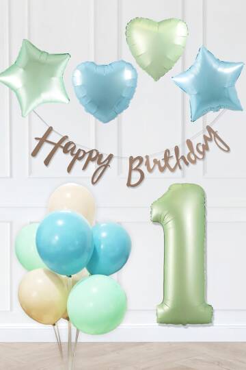 Retro Mavi Yeşil Renkler Doğum Günü Parti Seti Retro Yeşil Yaş Balonlu Kraft Banner Balon Zinciri Seti - 1