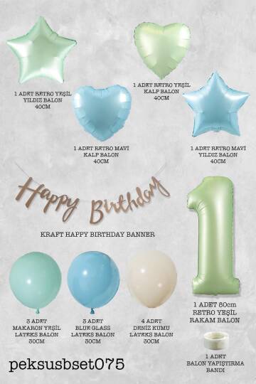 Retro Mavi Yeşil Renkler Doğum Günü Parti Seti Retro Yeşil Yaş Balonlu Kraft Banner Balon Zinciri Seti - 2