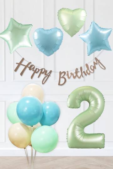 Retro Mavi Yeşil Renkler Doğum Günü Parti Seti Retro Yeşil Yaş Balonlu Kraft Banner Balon Zinciri Seti - 3