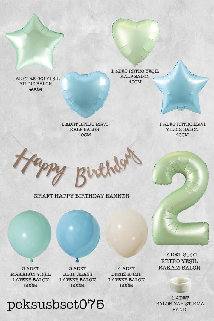 Retro Mavi Yeşil Renkler Doğum Günü Parti Seti Retro Yeşil Yaş Balonlu Kraft Banner Balon Zinciri Seti - 4