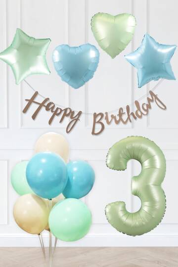 Retro Mavi Yeşil Renkler Doğum Günü Parti Seti Retro Yeşil Yaş Balonlu Kraft Banner Balon Zinciri Seti - 5