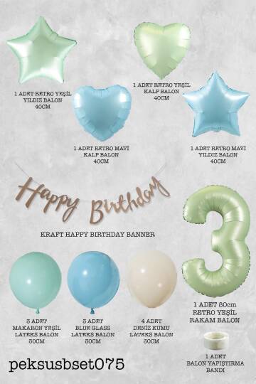 Retro Mavi Yeşil Renkler Doğum Günü Parti Seti Retro Yeşil Yaş Balonlu Kraft Banner Balon Zinciri Seti - 6