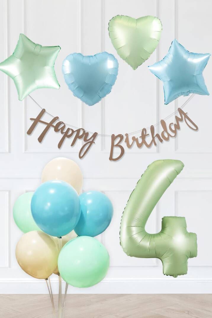 Retro Mavi Yeşil Renkler Doğum Günü Parti Seti Retro Yeşil Yaş Balonlu Kraft Banner Balon Zinciri Seti - 7