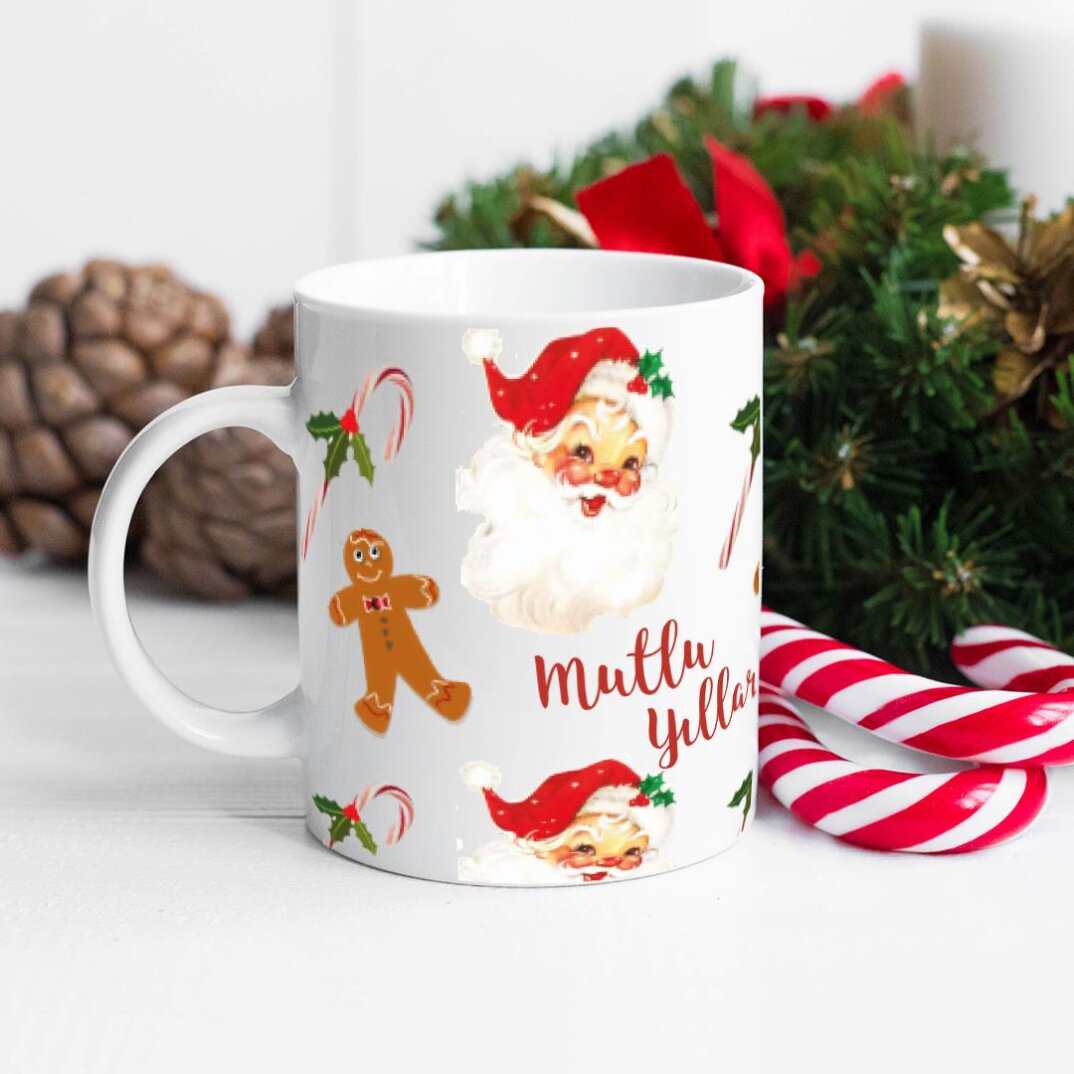 Retro Noel Baba Baskılı Kupa Bardak Yılbaşı Hediyesi - 1