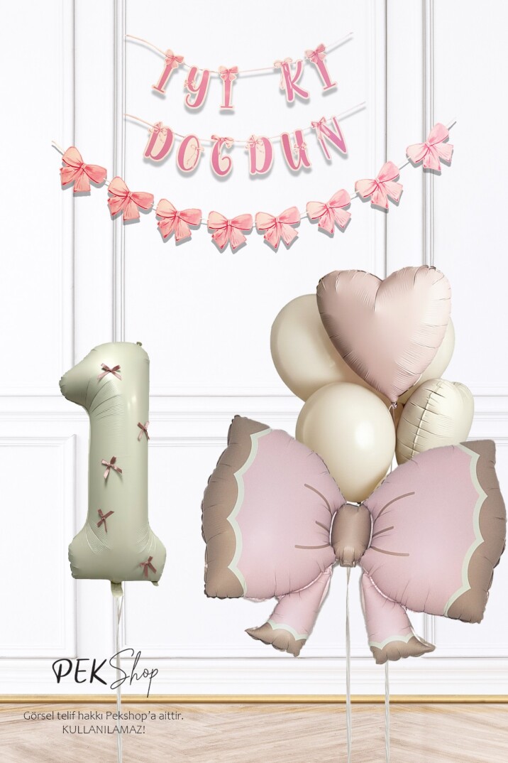 Retro Pembe Fiyonk Tema Pembe Fiyonk Kurdeleli Lüks Doğum Günü Balon Seti - 1