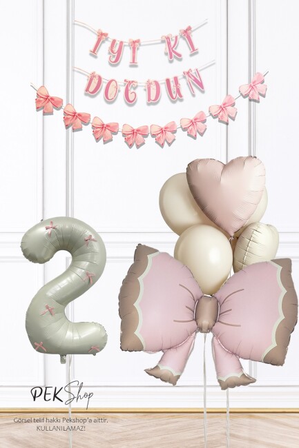 Retro Pembe Fiyonk Tema Pembe Fiyonk Kurdeleli Lüks Doğum Günü Balon Seti - 5