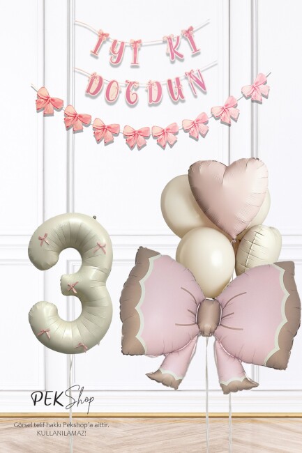 Retro Pembe Fiyonk Tema Pembe Fiyonk Kurdeleli Lüks Doğum Günü Balon Seti - 9