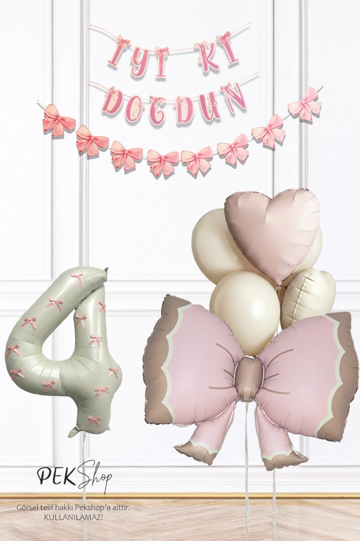 Retro Pembe Fiyonk Tema Pembe Fiyonk Kurdeleli Lüks Doğum Günü Balon Seti - 13