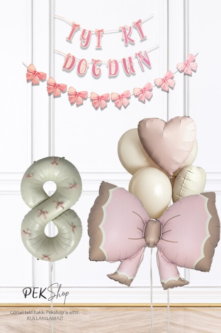 Retro Pembe Fiyonk Tema Pembe Fiyonk Kurdeleli Lüks Doğum Günü Balon Seti - 29