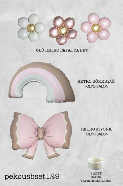 Retro Pembe Gökkuşağı Fiyonk ve Papatyalar Balon Seti - 2