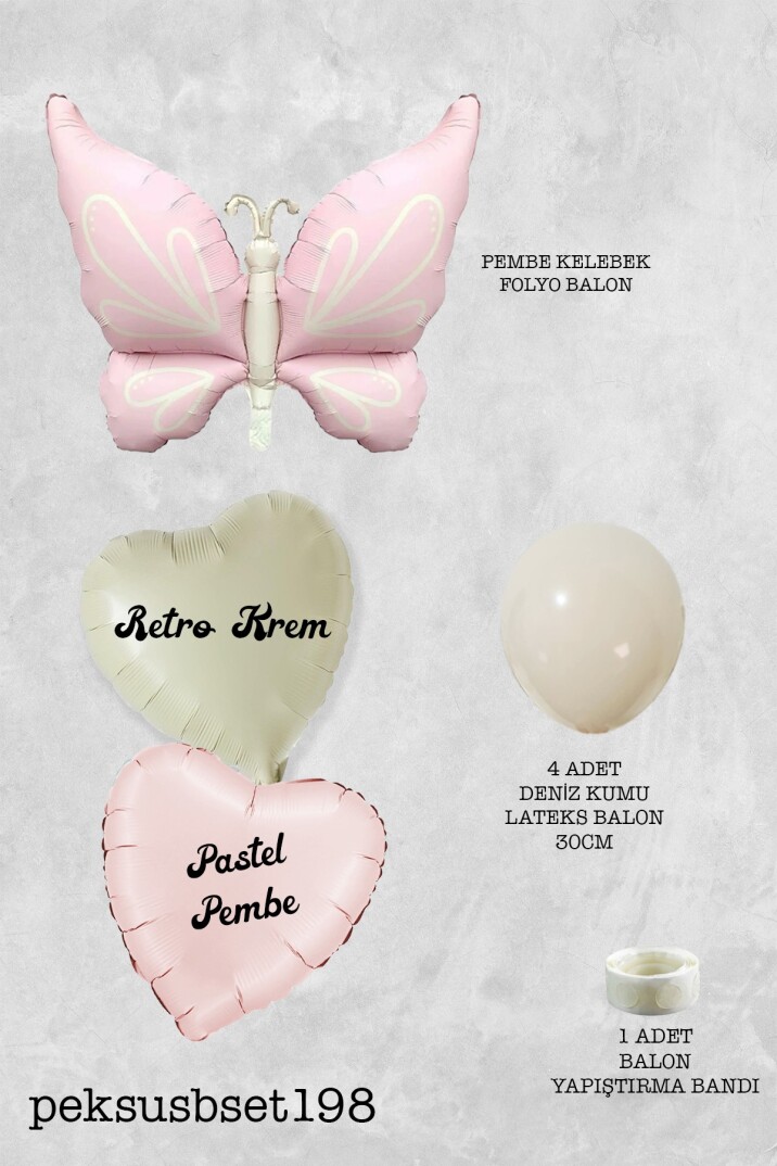 Retro Pembe Kelebekli Kalp Balonlu Balon Seti - 2