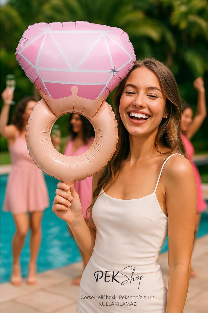 Retro Pembe Tek Taş Yüzük Folyo Balon Bekarlığa Veda Bride Parti Balonu - 1