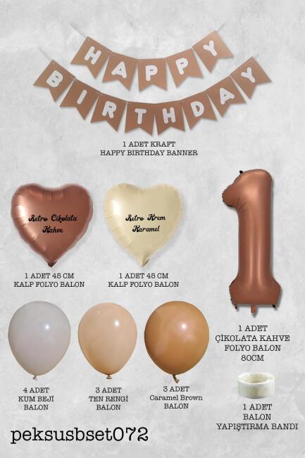 Retro Renkler Doğum Günü Parti Seti Çikolata Kahve Yaş Balonlu Kraft Banner Balon Zinciri Seti - 2