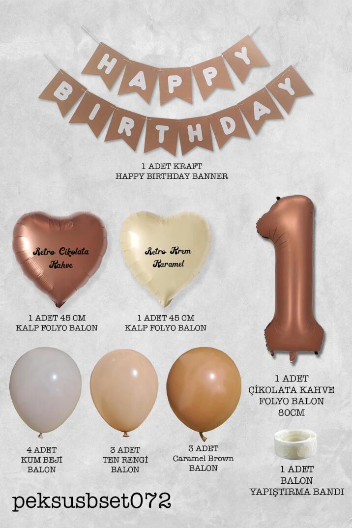 Retro Renkler Doğum Günü Parti Seti Çikolata Kahve Yaş Balonlu Kraft Banner Balon Zinciri Seti - 2