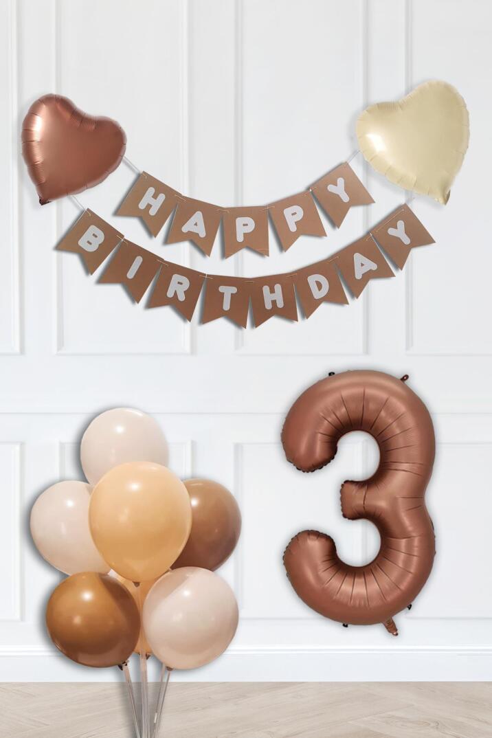 Retro Renkler Doğum Günü Parti Seti Çikolata Kahve Yaş Balonlu Kraft Banner Balon Zinciri Seti - 5