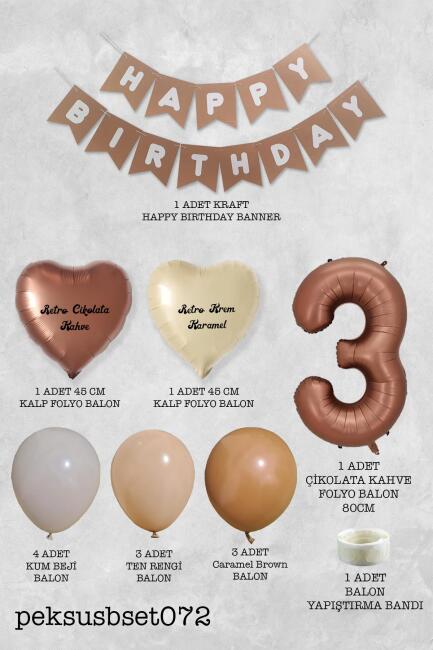 Retro Renkler Doğum Günü Parti Seti Çikolata Kahve Yaş Balonlu Kraft Banner Balon Zinciri Seti - 6