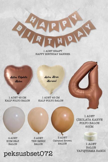 Retro Renkler Doğum Günü Parti Seti Çikolata Kahve Yaş Balonlu Kraft Banner Balon Zinciri Seti - 8