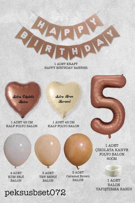 Retro Renkler Doğum Günü Parti Seti Çikolata Kahve Yaş Balonlu Kraft Banner Balon Zinciri Seti - 10