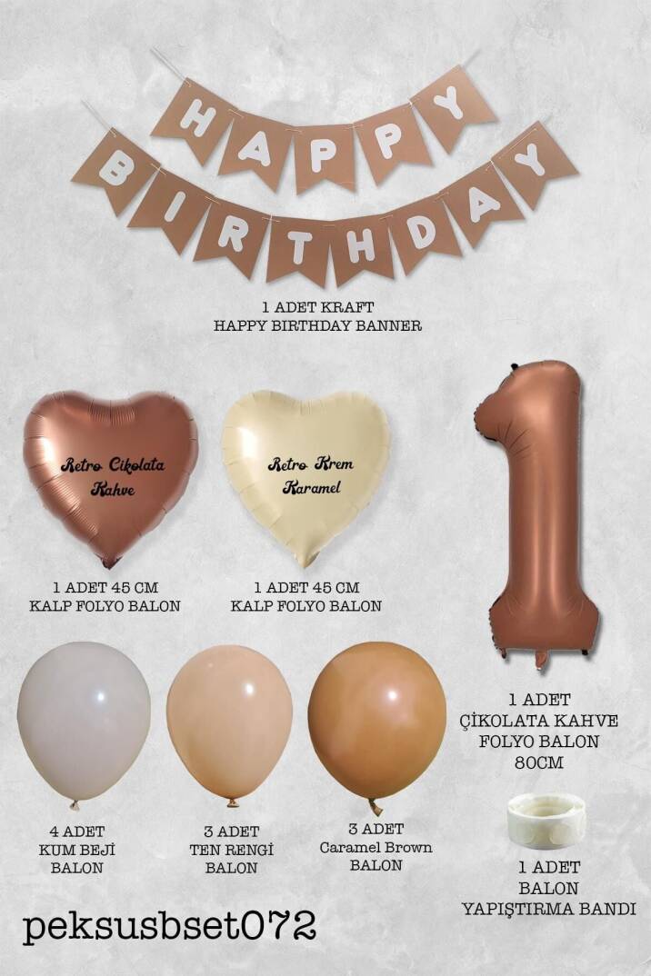 Retro Renkler Doğum Günü Parti Seti Çikolata Kahve Yaş Balonlu Kraft Banner Balon Zinciri Seti - 2