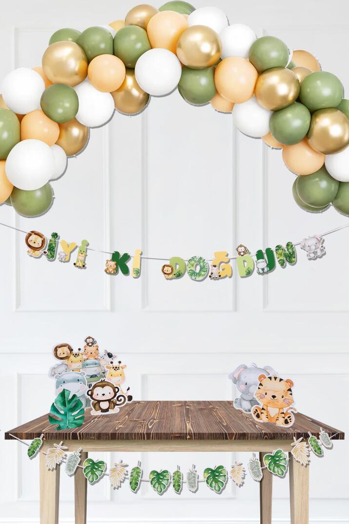 Retro Safari Doğum Günü Parti Paketi Balon Zinciri Safari Ayaklı Pano ve Banner Set - 1