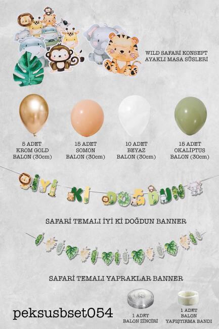 Retro Safari Doğum Günü Parti Paketi Balon Zinciri Safari Ayaklı Pano ve Banner Set - 2
