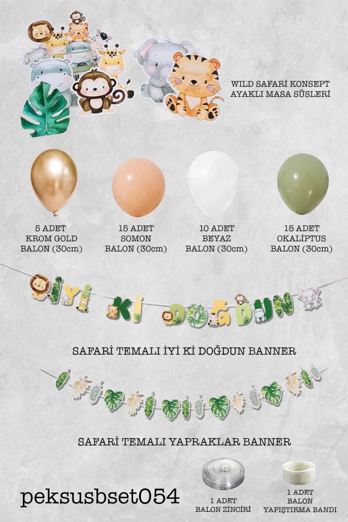 Retro Safari Doğum Günü Parti Paketi Balon Zinciri Safari Ayaklı Pano ve Banner Set - 2