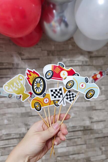 Retro Yarış Arabaları Konsept Kürdan Süsleri Cupcake Süsleri Lüks Büyük Boy 10lu Paket - 2