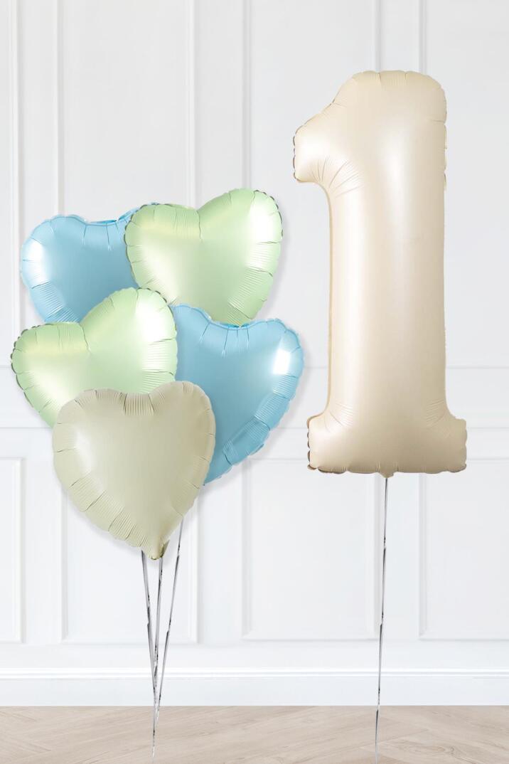 Retro Yeşil Mavi Kalpli Krem Yaş Balonlu Balon Seti Deniz Kumu Krem Retro Doğum Günü Rakam Yaş Balon Seti - 1