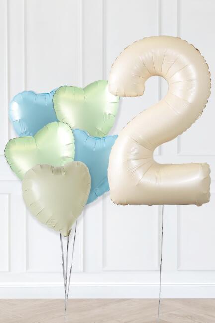 Retro Yeşil Mavi Kalpli Krem Yaş Balonlu Balon Seti Deniz Kumu Krem Retro Doğum Günü Rakam Yaş Balon Seti - 3