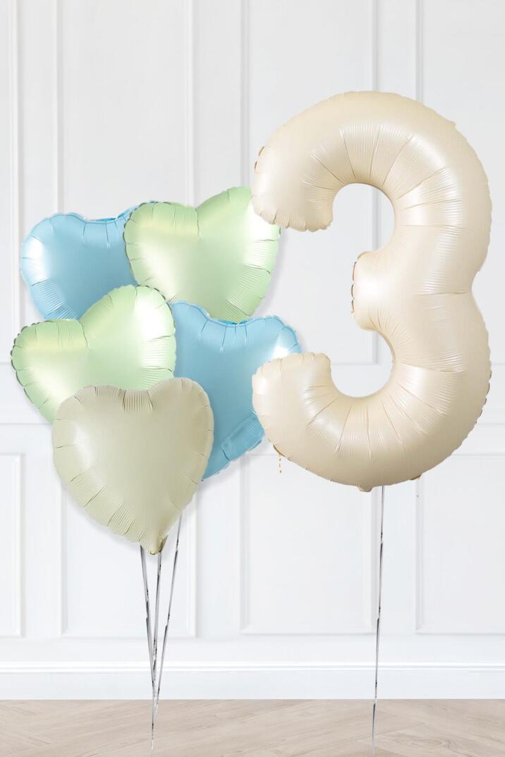Retro Yeşil Mavi Kalpli Krem Yaş Balonlu Balon Seti Deniz Kumu Krem Retro Doğum Günü Rakam Yaş Balon Seti - 5