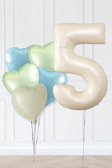 Retro Yeşil Mavi Kalpli Krem Yaş Balonlu Balon Seti Deniz Kumu Krem Retro Doğum Günü Rakam Yaş Balon Seti - 9