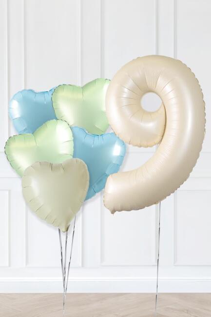 Retro Yeşil Mavi Kalpli Krem Yaş Balonlu Balon Seti Deniz Kumu Krem Retro Doğum Günü Rakam Yaş Balon Seti - 17
