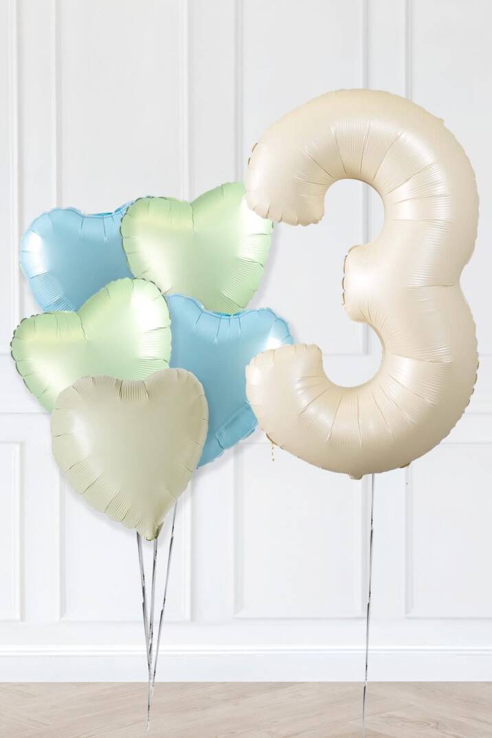 Retro Yeşil Mavi Kalpli Krem Yaş Balonlu Balon Seti Deniz Kumu Krem Retro Doğum Günü Rakam Yaş Balon Seti - 5