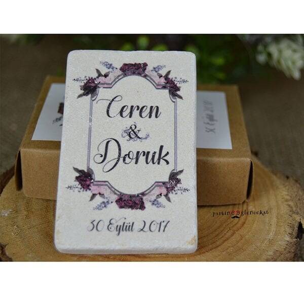 Rustik Bordo Çiçekler Konsept Baskılı Taş Magnet - 1