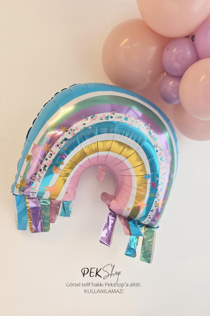 Saçaklı Gökkuşağı Folyo Balon 70cm Okyanus Deniz Kızı Tema  - 3