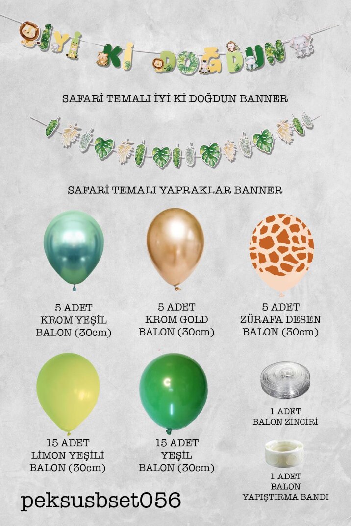 Safari Doğum Günü Balon Zinciri Yeşil Gold Safari Banner Evde Süsleme Seti - 2