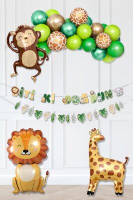 Safari Doğum Günü Folyo Balonlu Parti Paketi Yeşil Gold Safari Balon Zinciri - 1