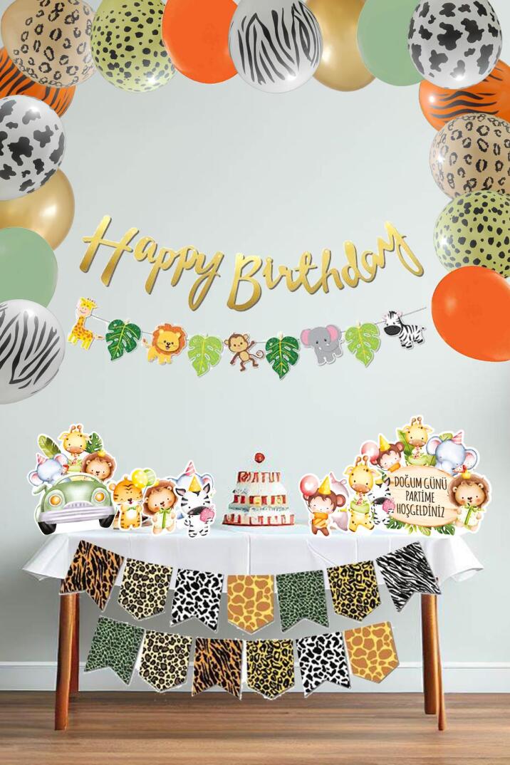 Safari Doğum Günü Lüks Parti Seti Balon Zinciri Flama Masa Üstü Ayaklı Panolar Seti Maxi 84 Parça - 1