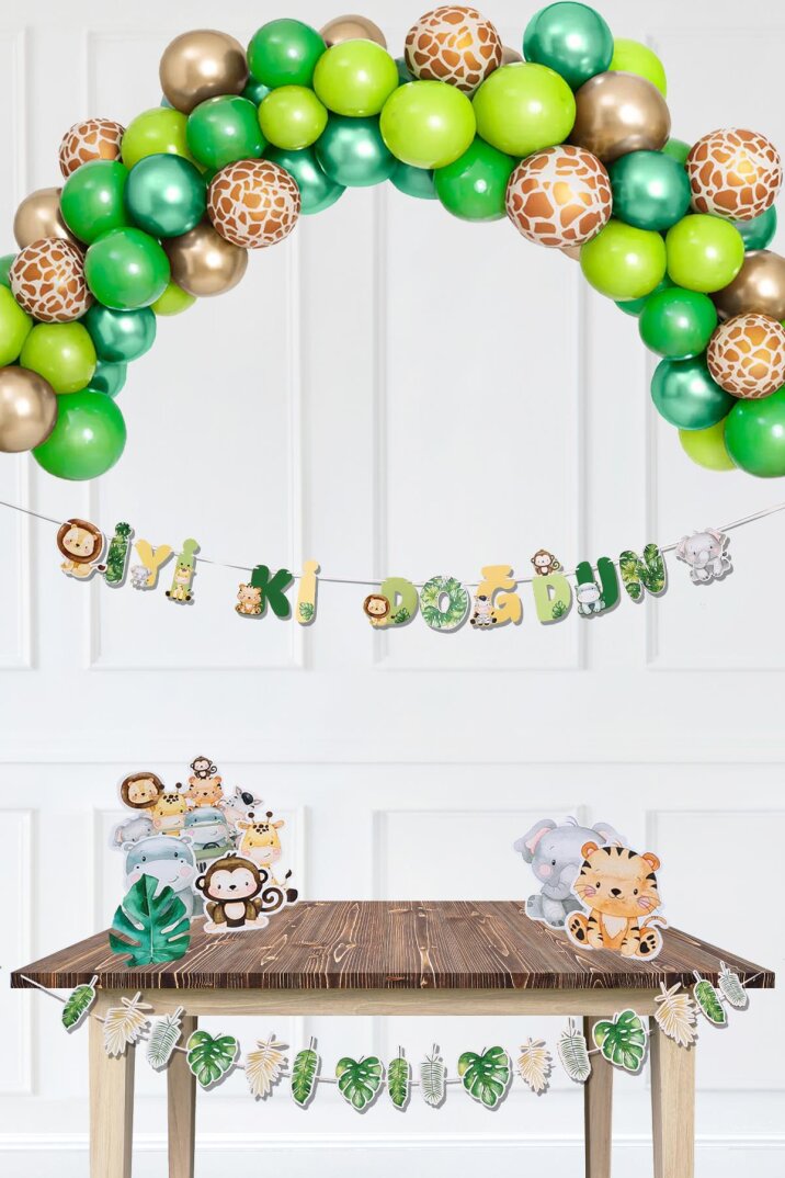 Safari Doğum Günü Parti Paketi Yeşil Gold Balon Zinciri Safari Ayaklı Pano ve Banner Set - 1